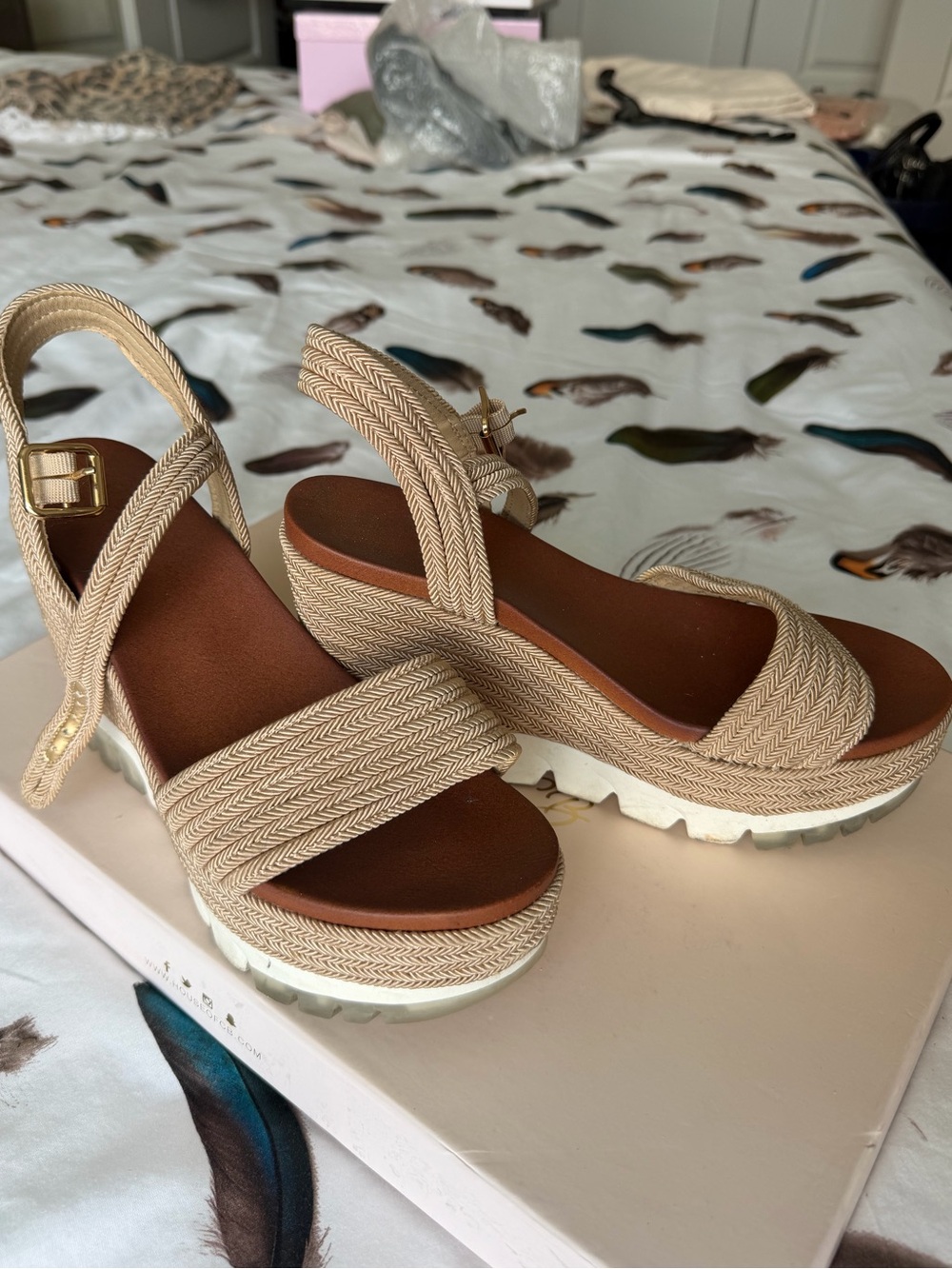 Women's Tan Platform Wedge Sandals - Neutral Strappy Summer Shoes